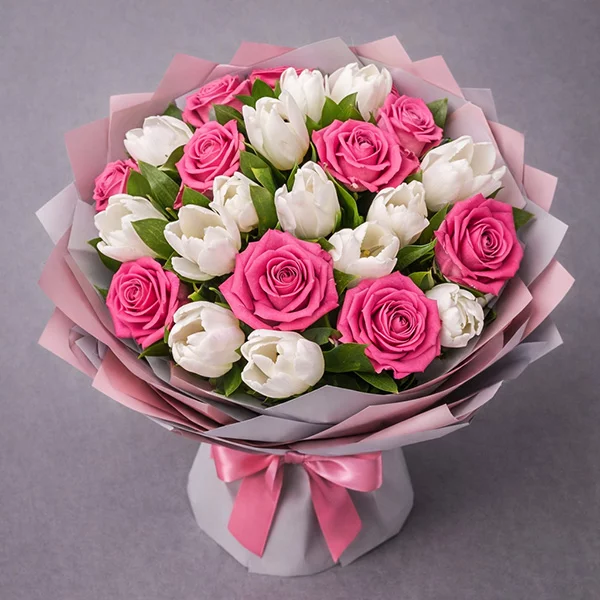 Нежные мгновения - букет из роз и тюльпанов